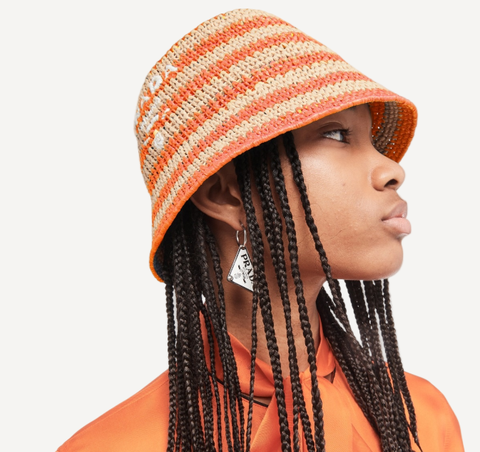 Prada Orange Stripe Raffia Bucket Hat