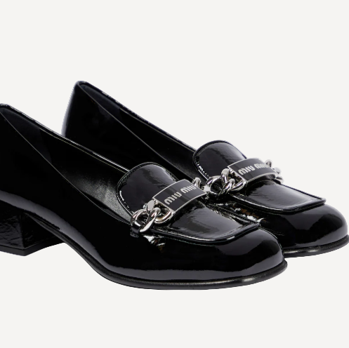 Miu Miu Black Chain Logo Patent Loafers
