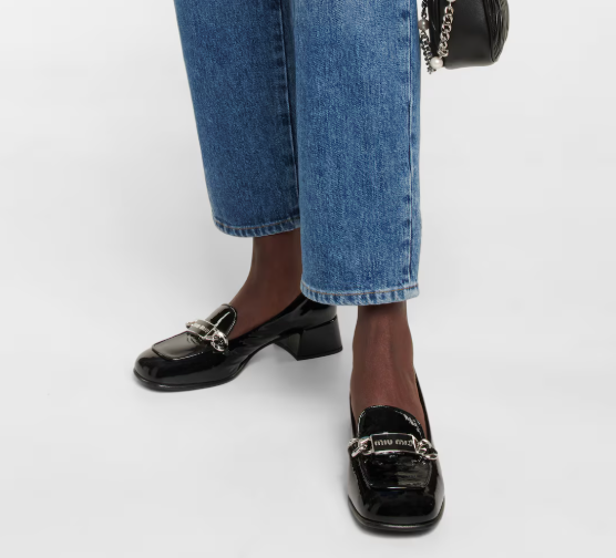 Miu Miu Black Chain Logo Patent Loafers