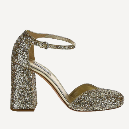 Miu Miu Glitter Block Heel Pump Gold