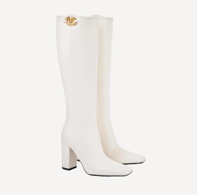 Valentino White Leather Tall Boots Logo