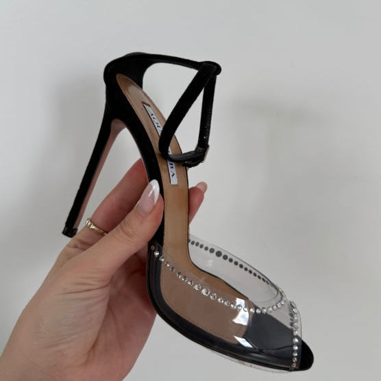 Aquazzura Ray of Light Plexi Crystal Peep 105 Black Suede PVC