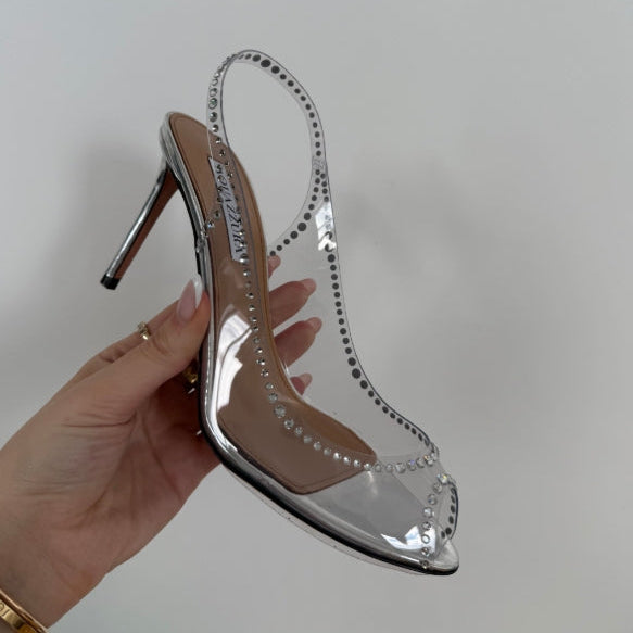 Aquazzura Ray of Light Plexi Crystal Sling Back 85 Silver PVC