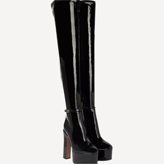 Valentino Patent Thigh V Logo Boots